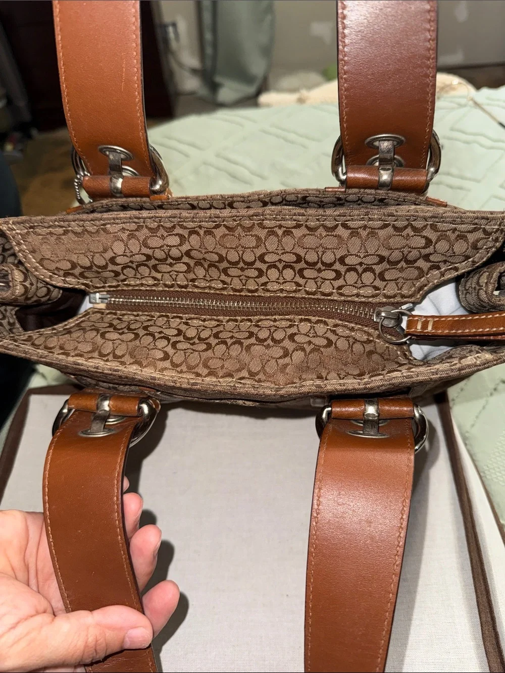 Coach Tan/Brown Signature Canvas Tote with Leather Handles